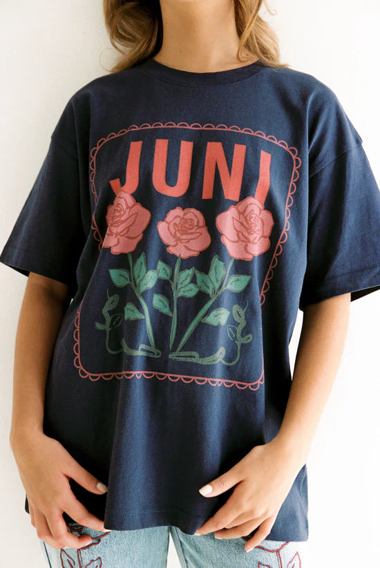 Lady wearing Navy Garnet Tee by Juni made from 100% organic cotton