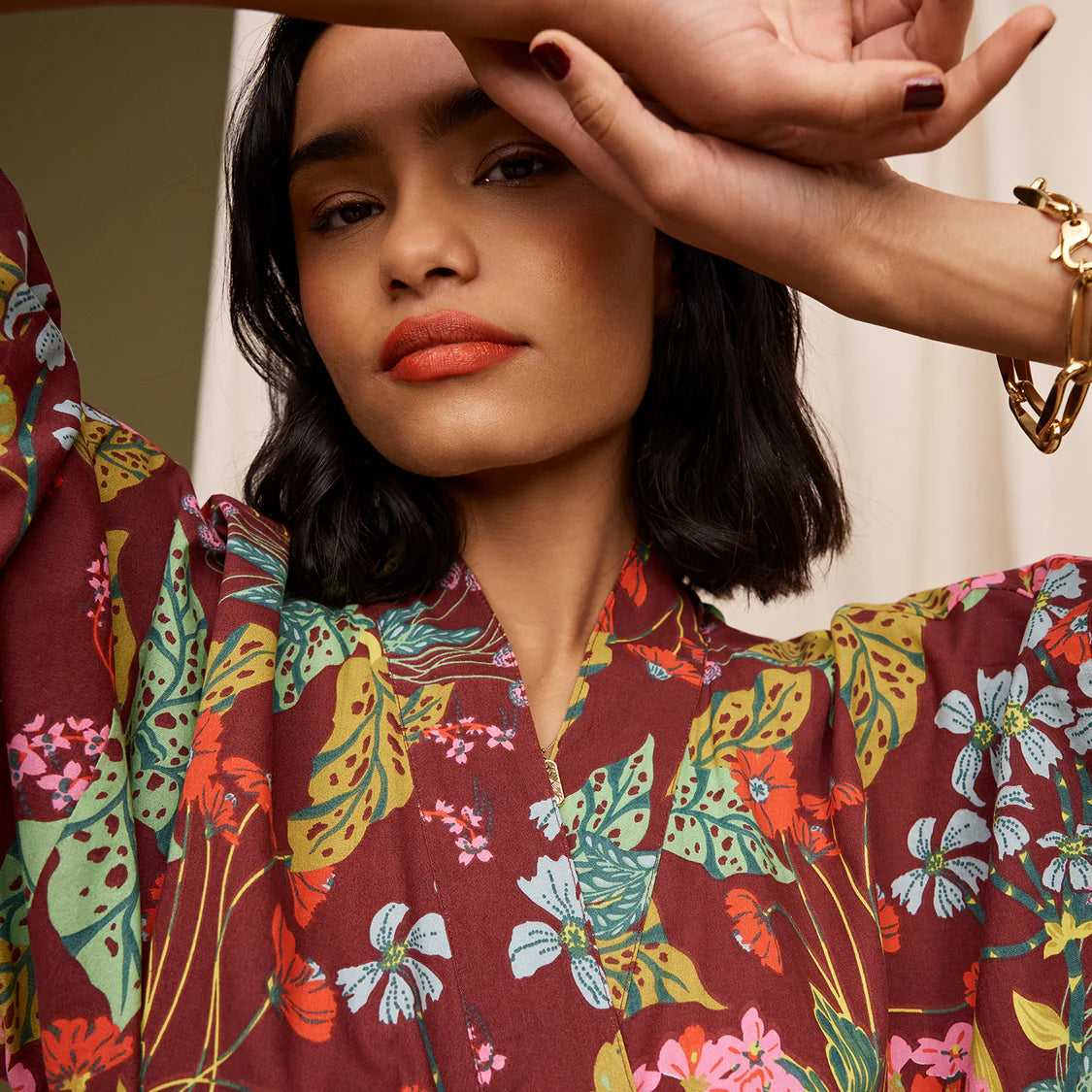 Relaxed fit Genevieve bathrobe showing maximalist colorful detailing and comfortable silhouette