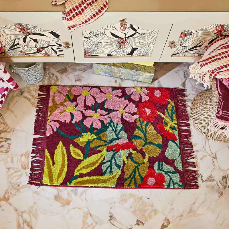 bright floral organic cotton bath mat by Sage & Clare in retro style