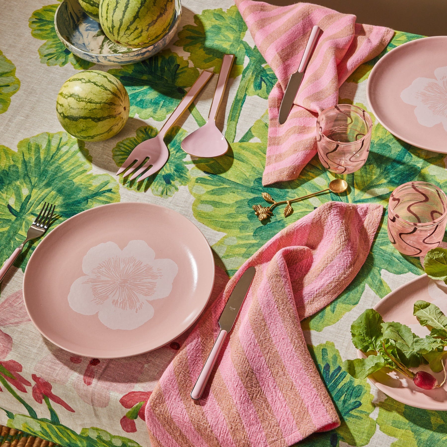 Geranium multi linen tablecloth by Bonnie & Neil with green floral design