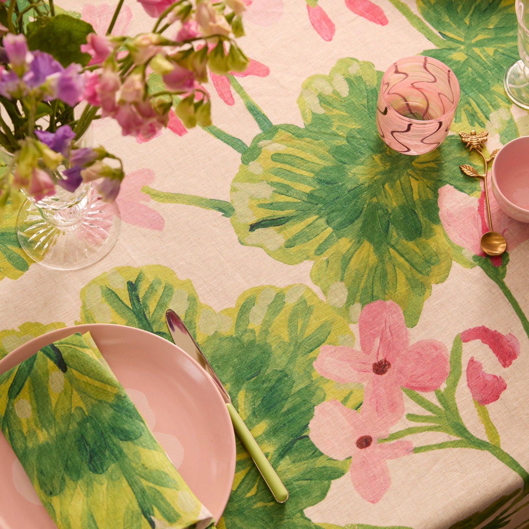 luxurious French Flax Linen Table both with pink and green floral design