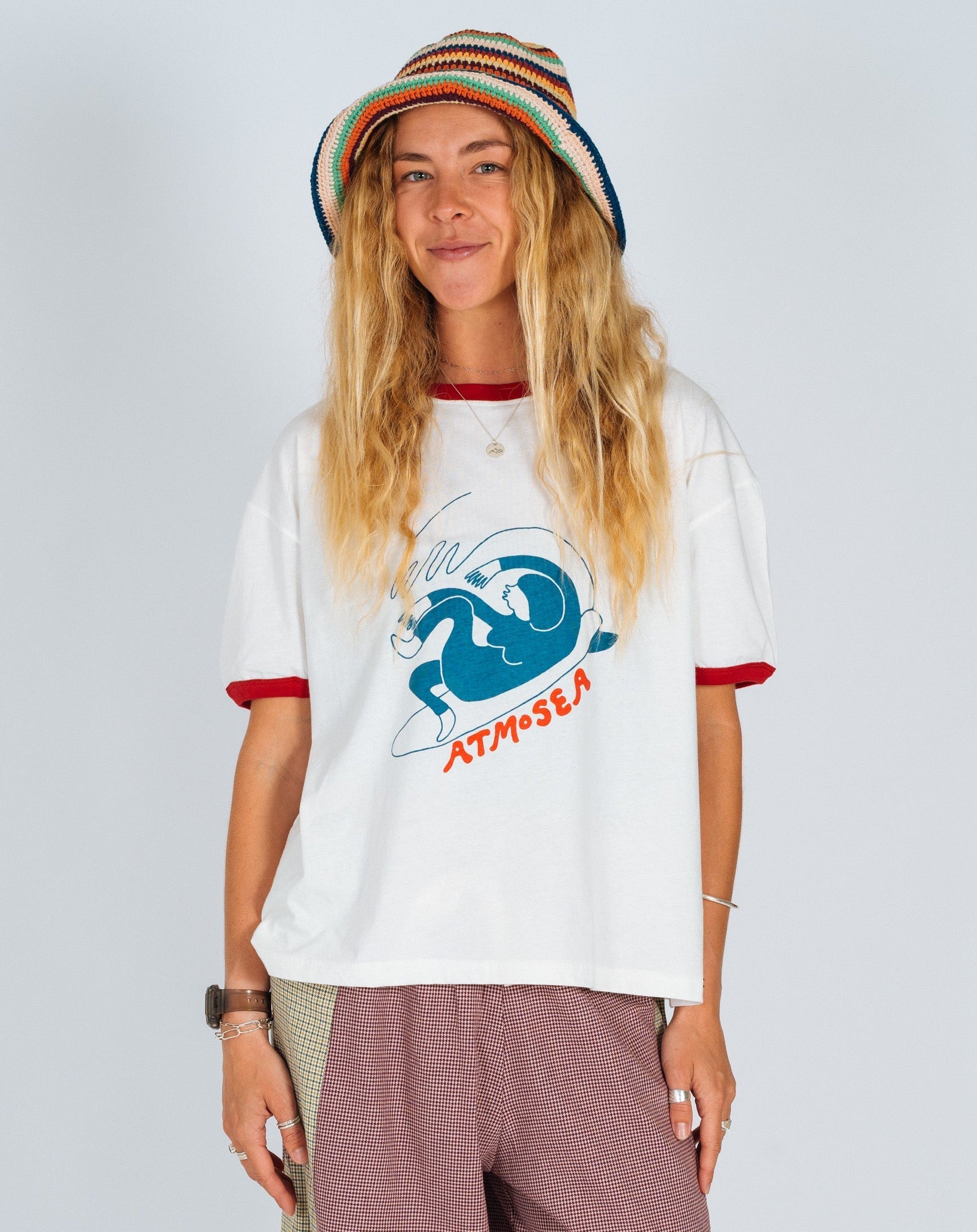 Front view of Atmosea Get Barrelled Artist Ringer Tee showing blue wave graphic and red trim details