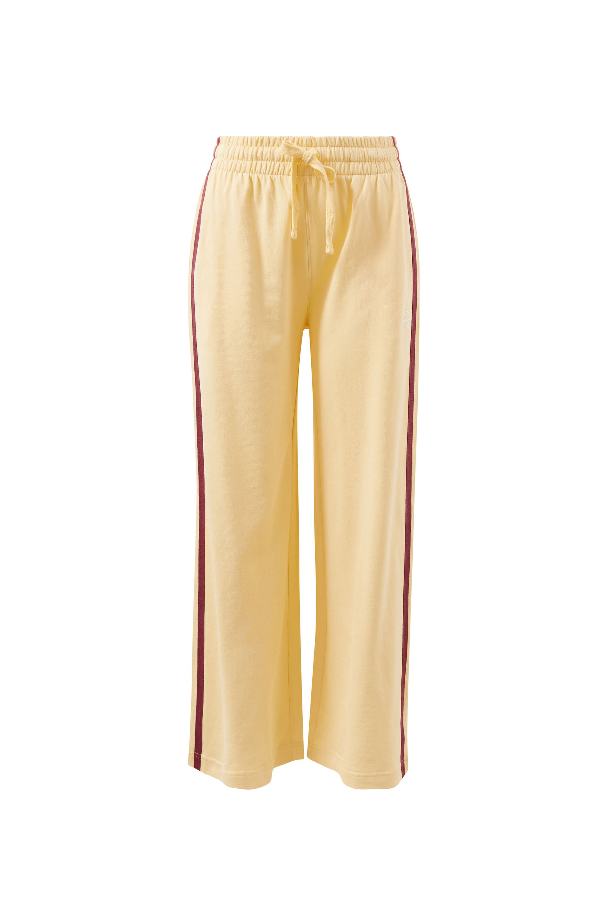 Front view of butter yellow wide leg track pants with burgundy side stripe and elastic waistband