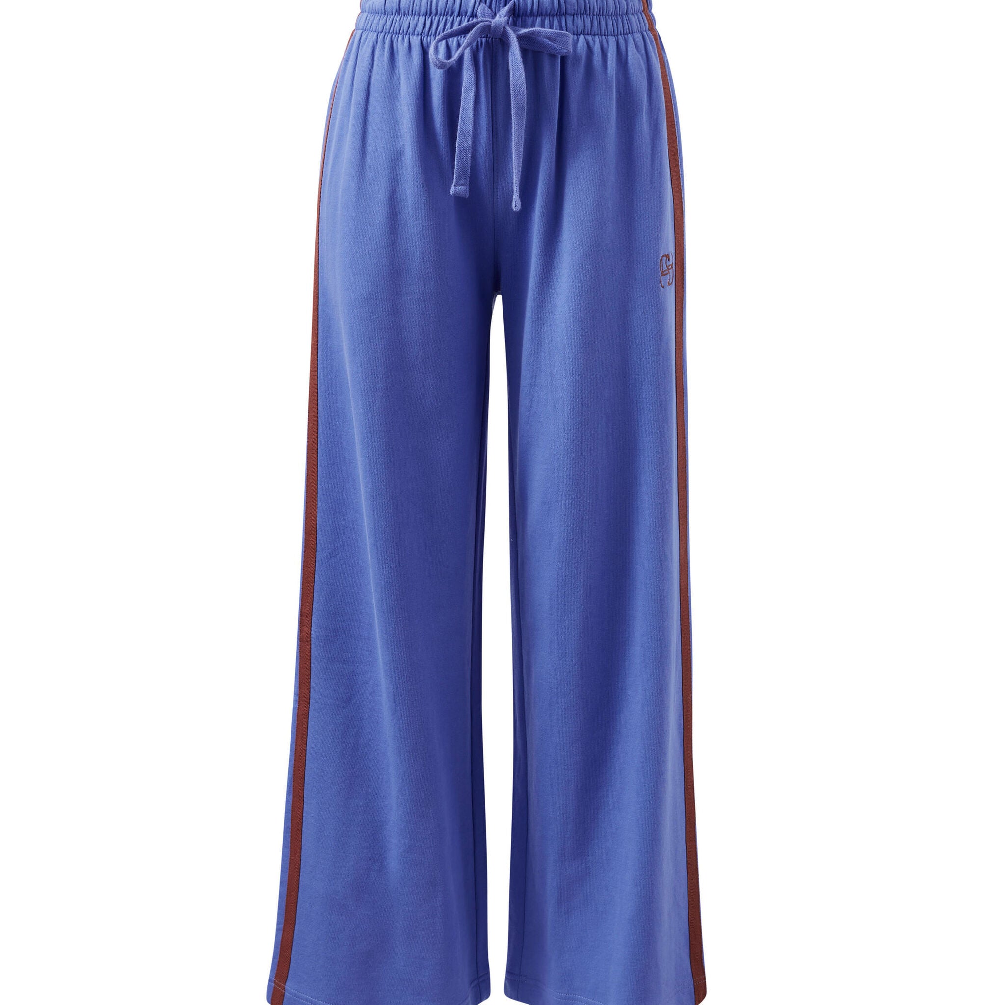 Front view of vintage blue wide leg terry trackpants with drawstring waist and side stripe