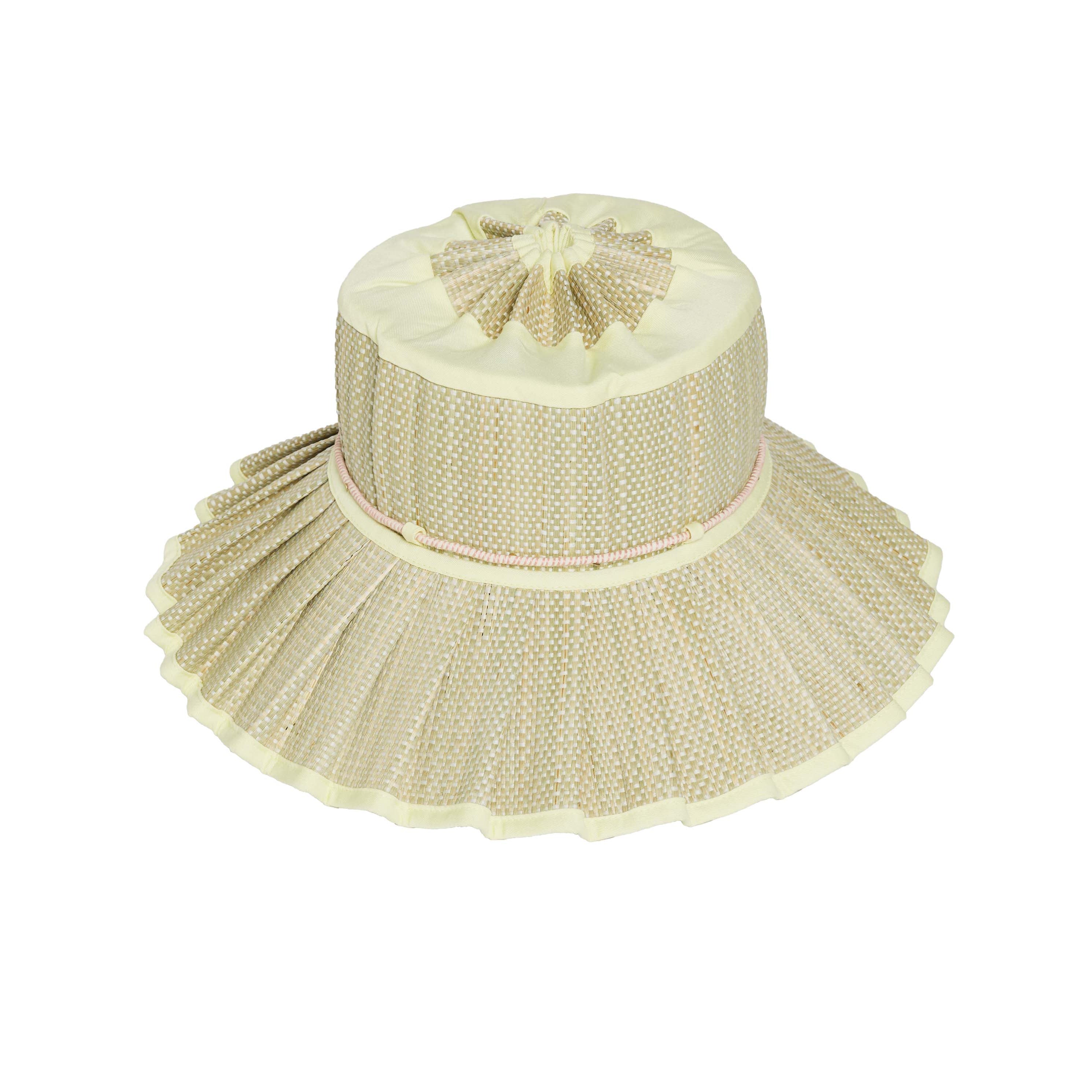 Overhead view of Lorna Murray Godesis Capri Play hat showing pleated brim construction and woven crown detail