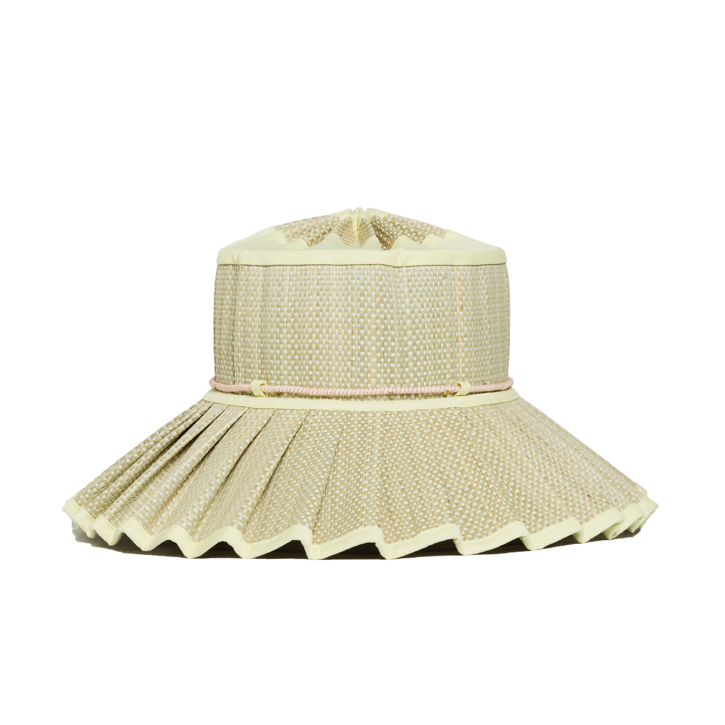 Side profile of Lorna Murray Godesis Capri Play hat displaying structured crown and accordion-style pleated brim
