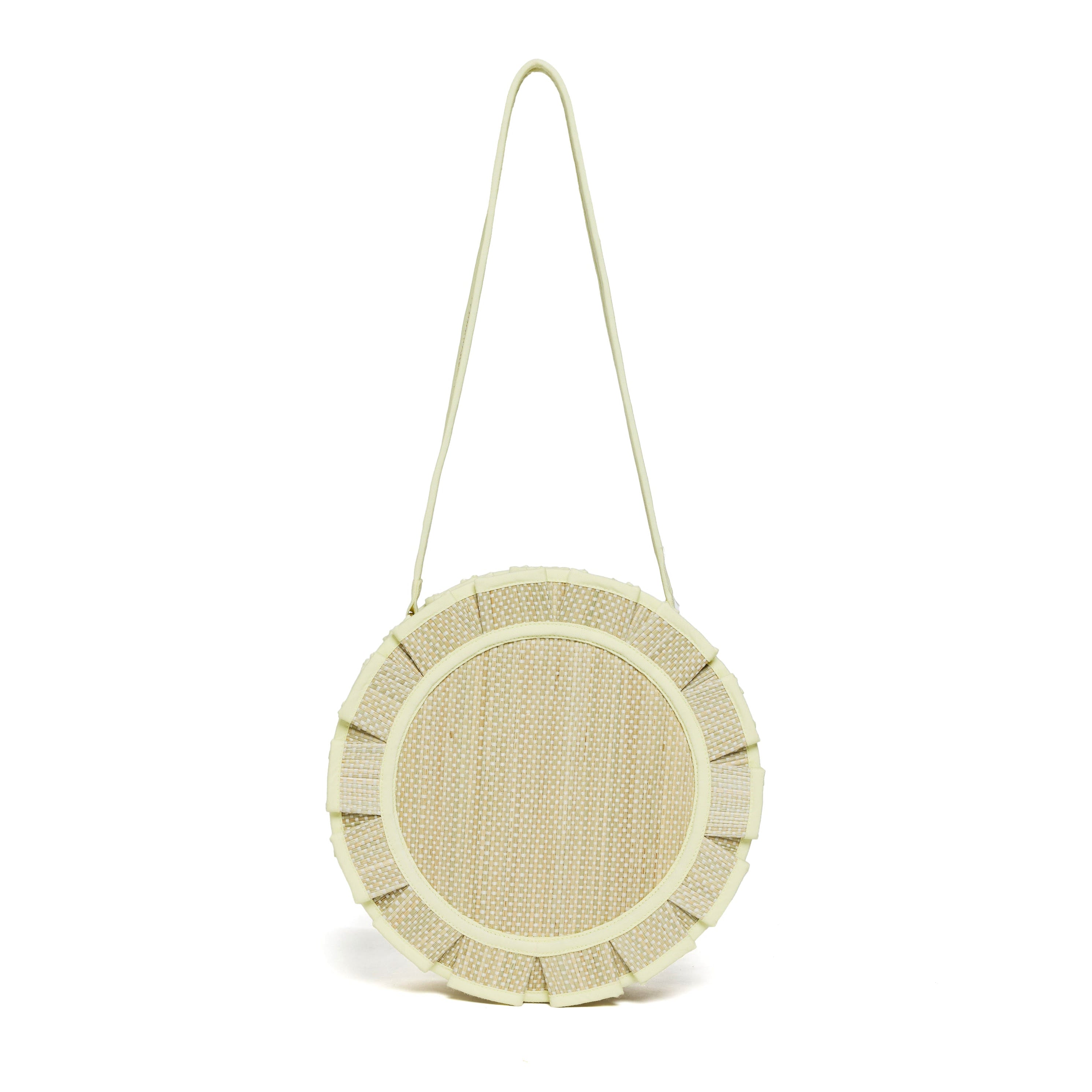 Front view of Godesis Mini Love Note Tote by Lorna Murray showing round silhouette and natural straw finish