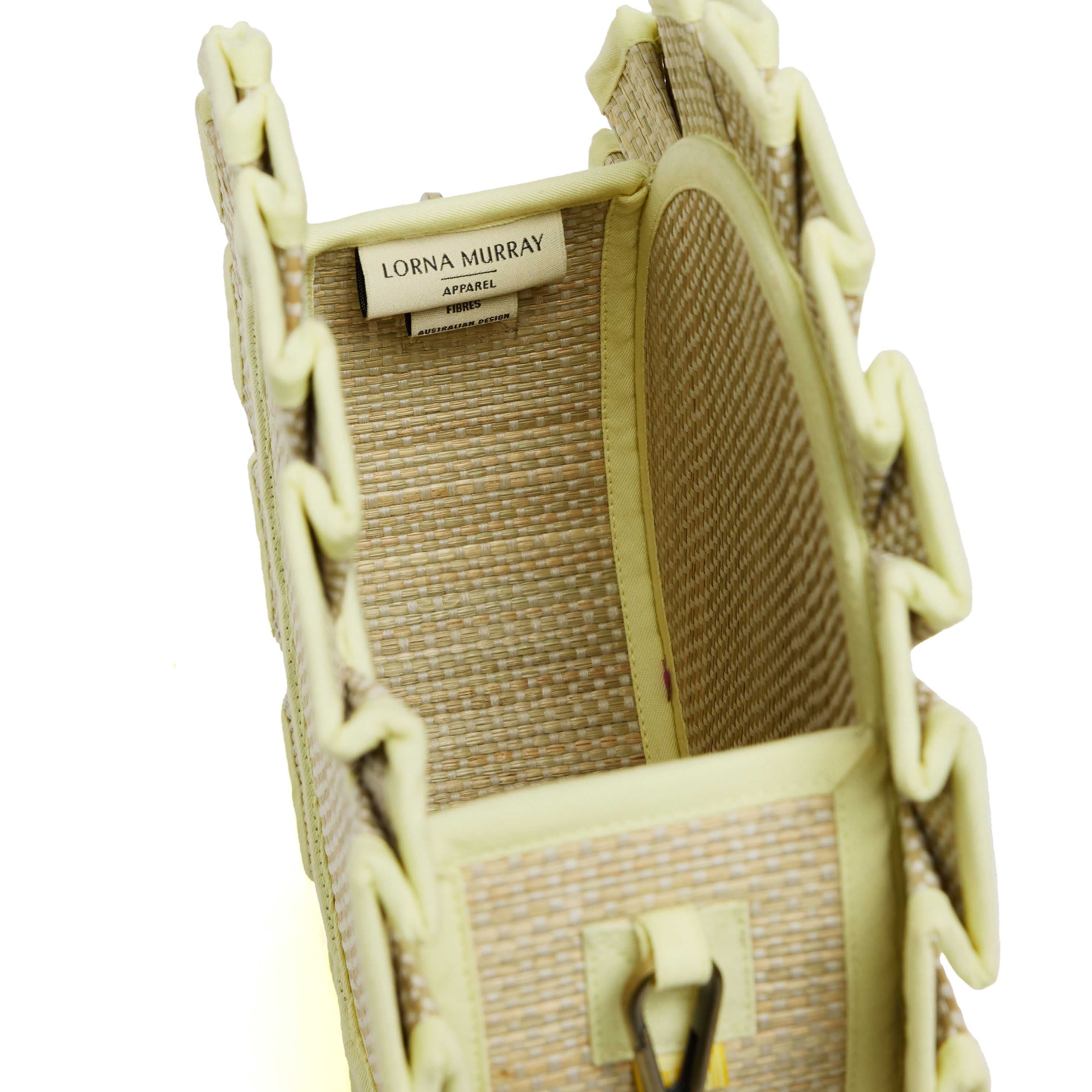 Interior view of Godesis Mini Love Note Tote revealing Lorna Murray brand label and woven lining details