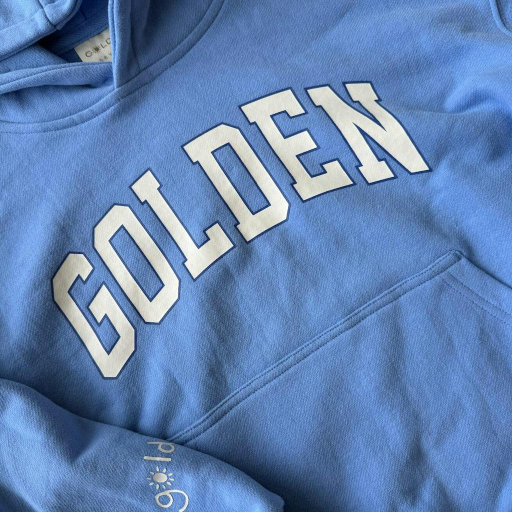 Close up of the Golden Hoodie - Pool Blue | Golden Children