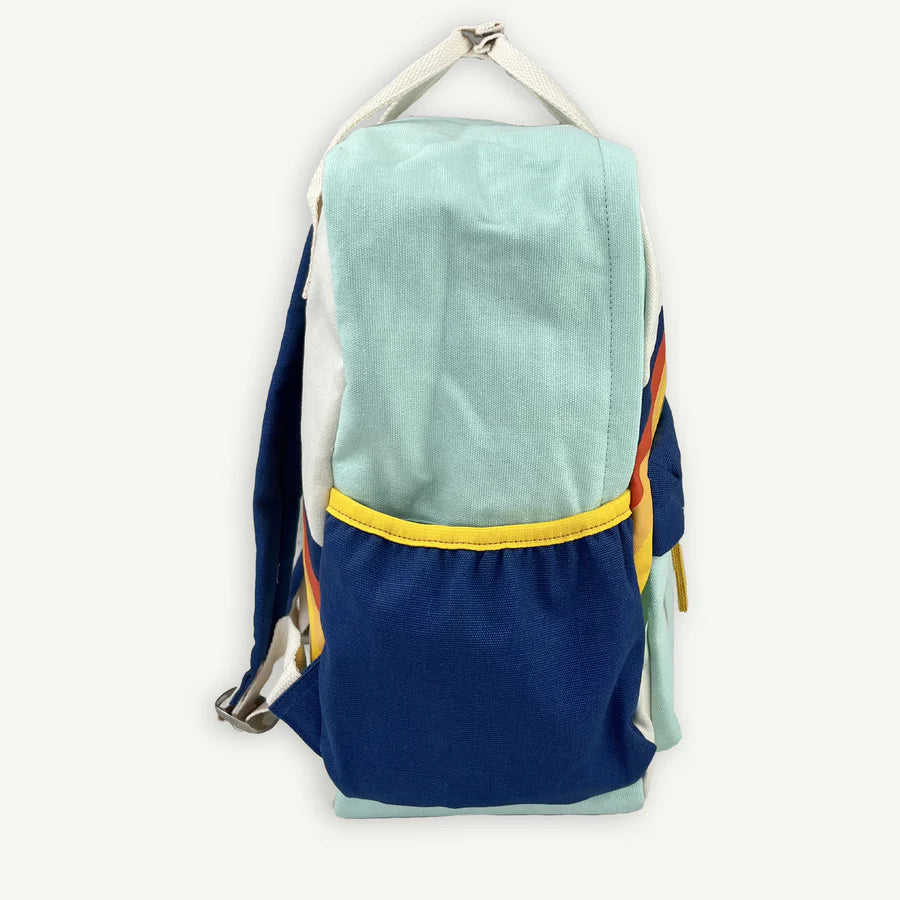 side view of the Eco kids packback - goodsport by Banabae with blue pannels and retro style