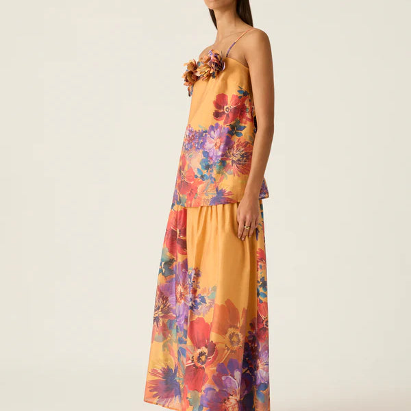 Orange womens singlet top with floral detailing and floral print in purple and red. By MOS The label