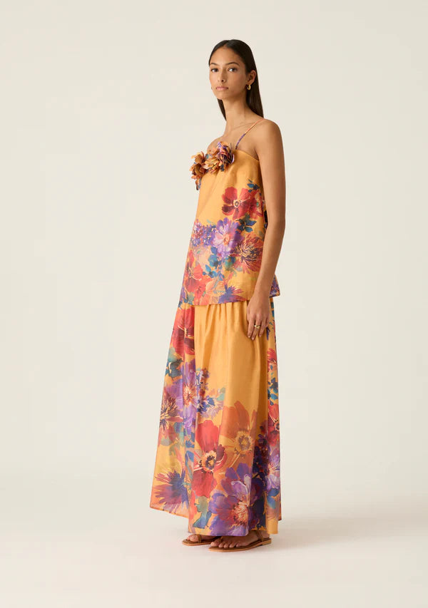 Orange womens singlet top with floral detailing and floral print in purple and red. By MOS The label