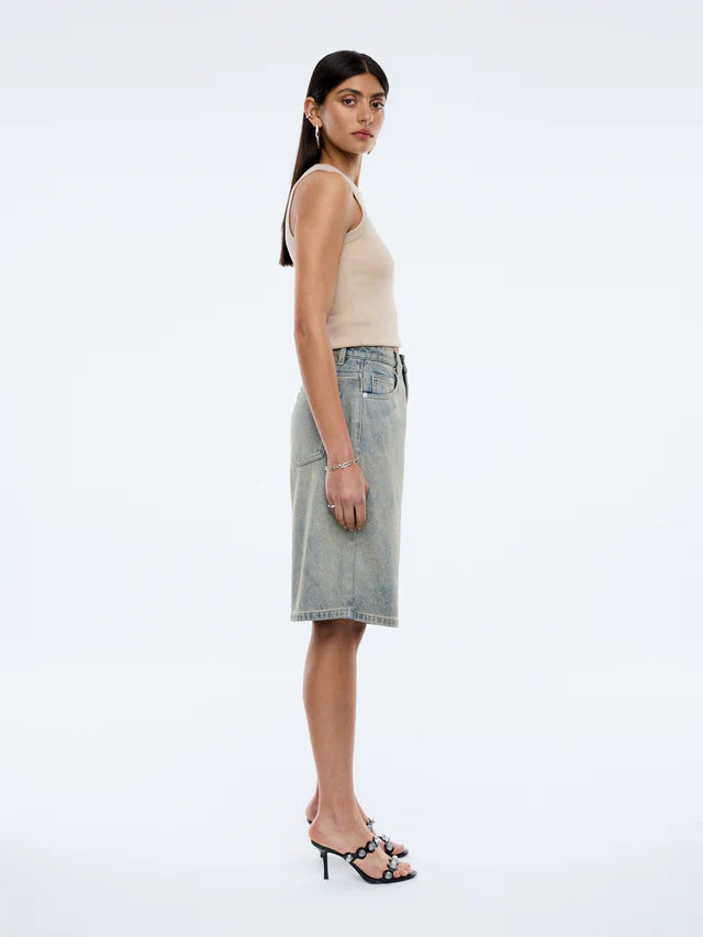 womens long denim washed shorts by Ena Pelly