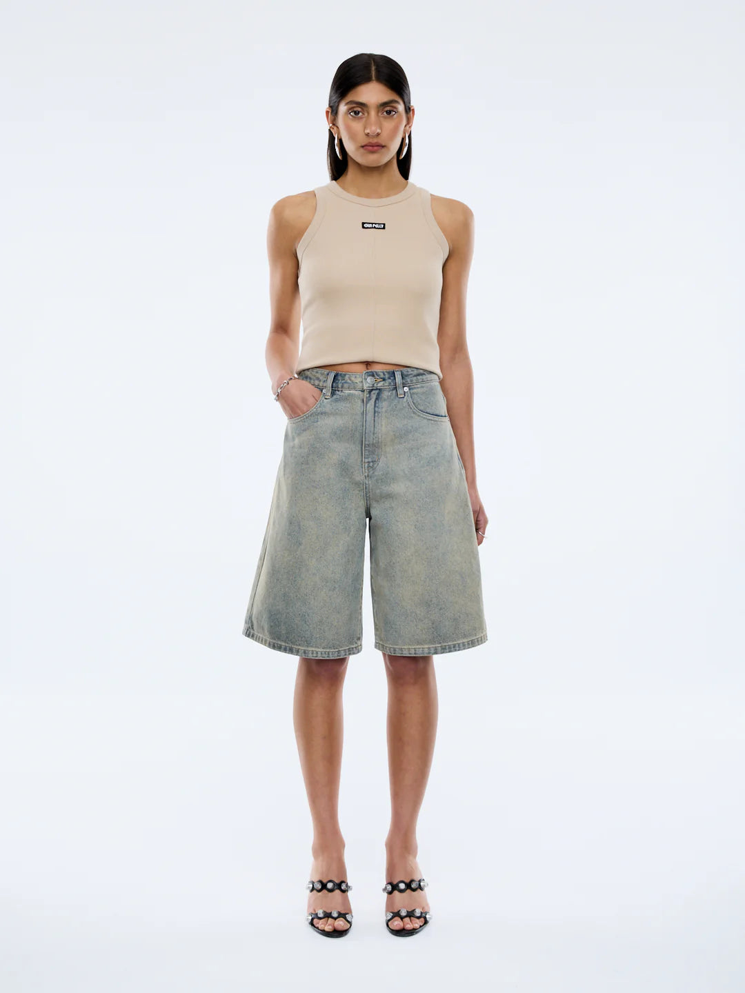 model wearing Gracie Bermuda Short – Peach Wash by Ena Pelly