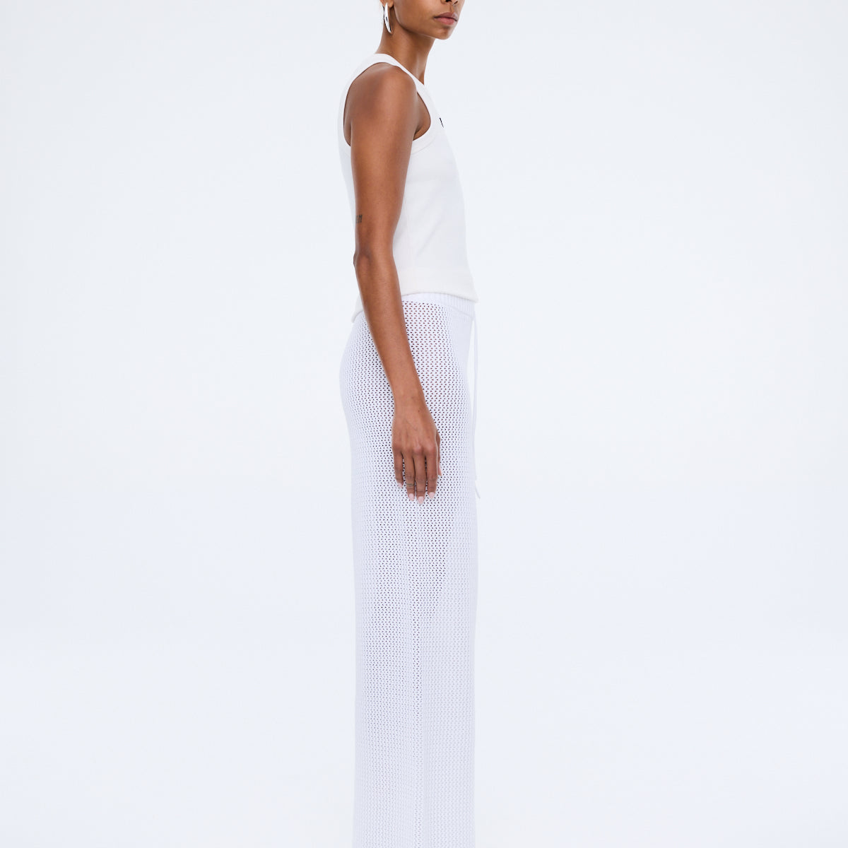 Ena Pelly Harper Crochet Pant vintage white cotton knitwear styled on model lifestyle shot