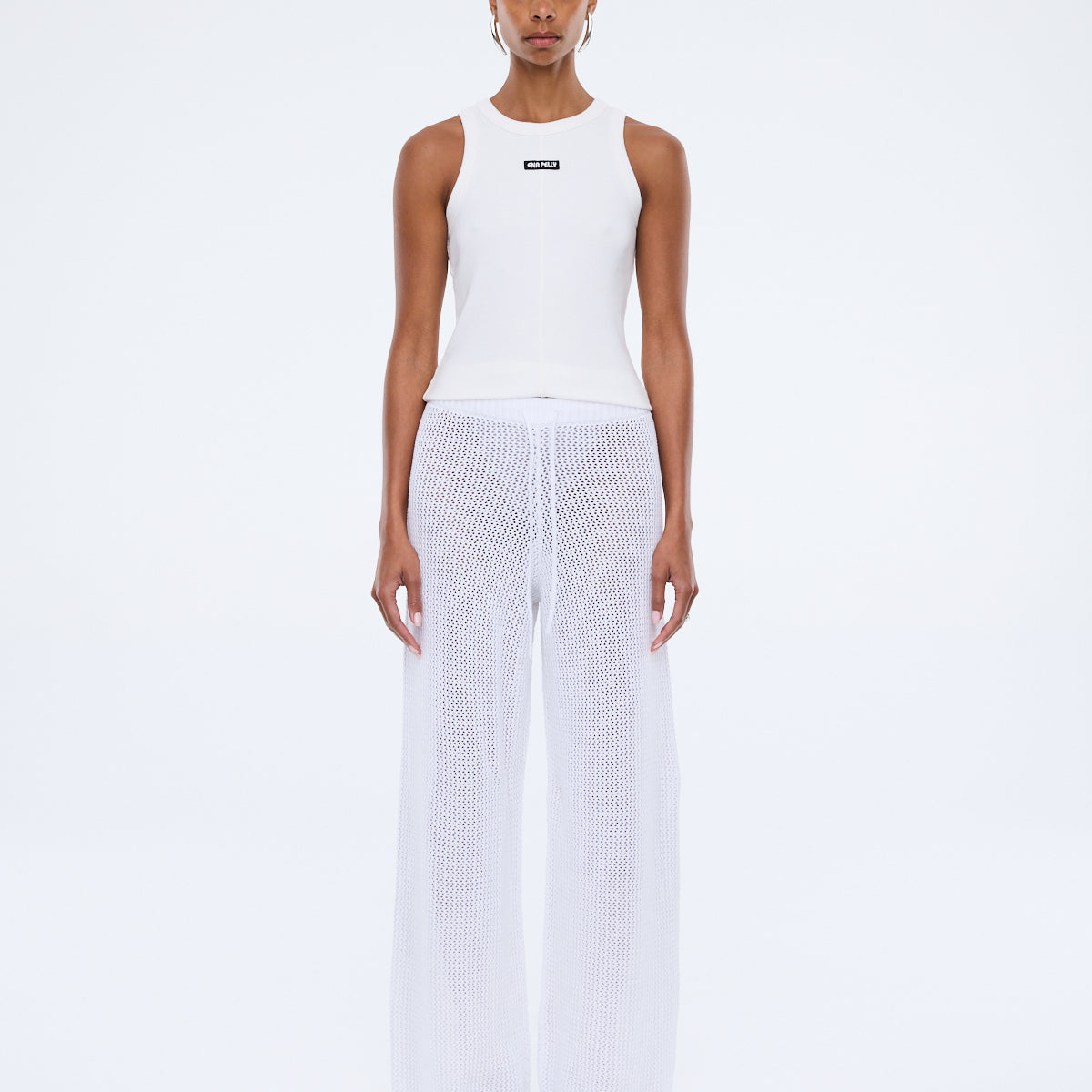 Harper Crochet Pant vintage white by Ena Pelly full length view showing relaxed modern fit