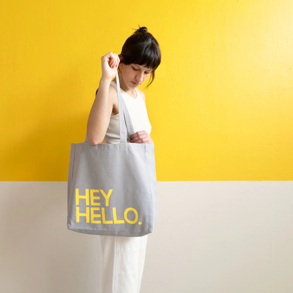 TOTE BAG WITH YELLOW PRINT ON GREY CANVAS