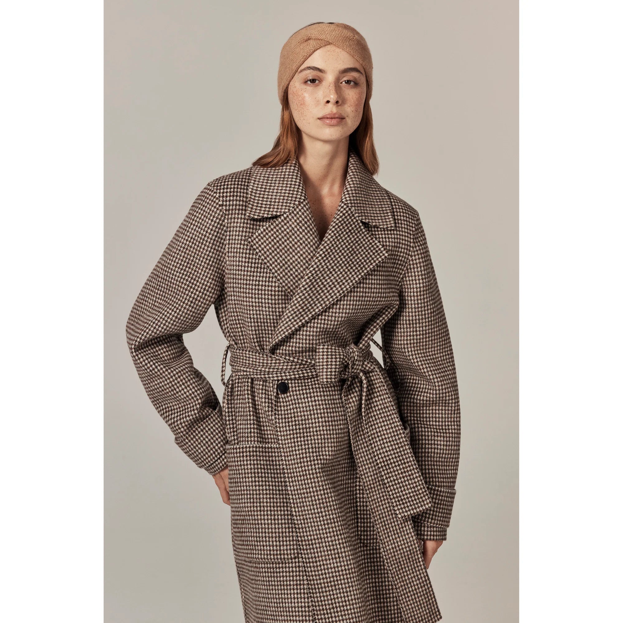 model wearing tan wool headband - Hallie Cashmere Headband - Camel by Helen Kaminski