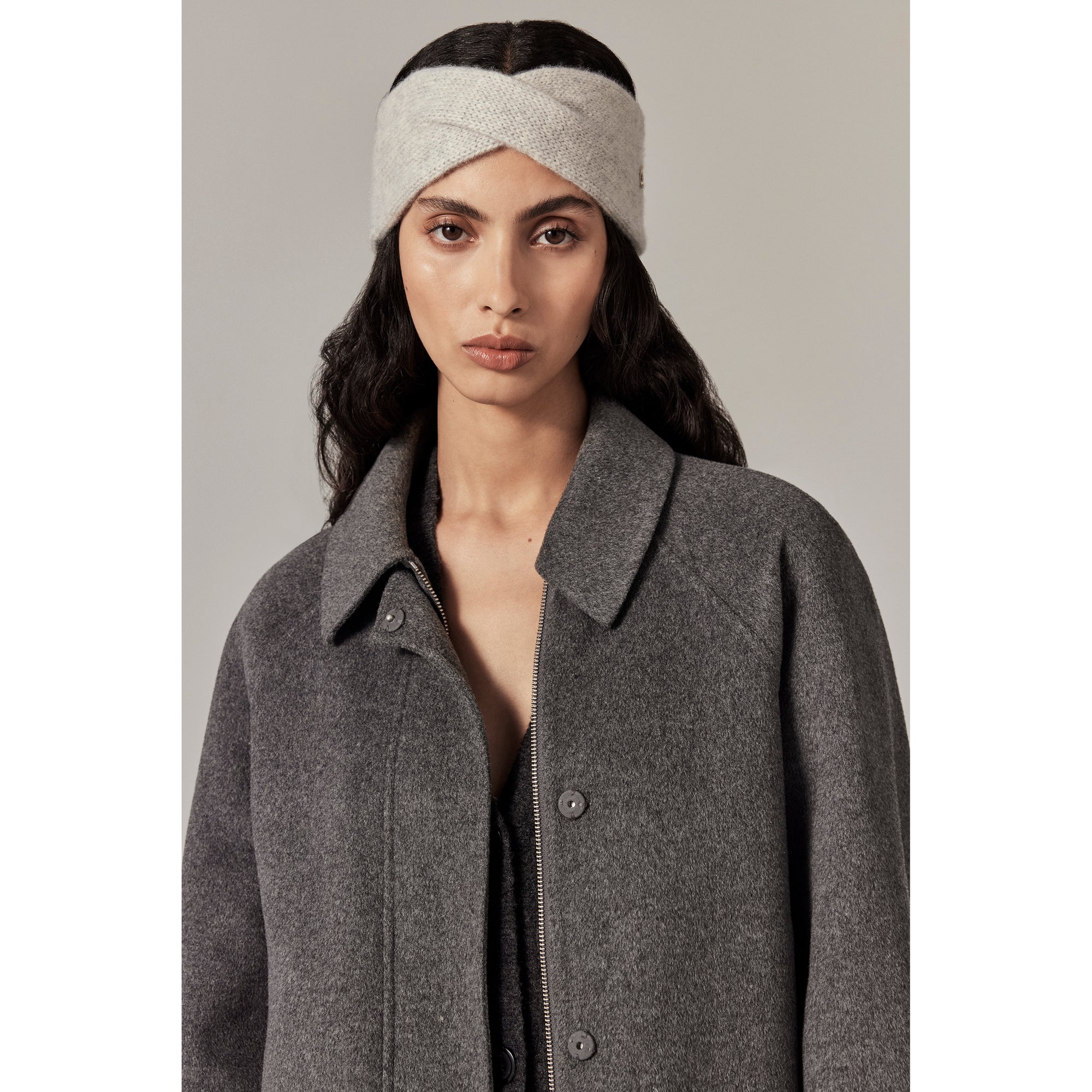 model wearing Hallie Cashmere Headband - light grey by Helen Kaminski