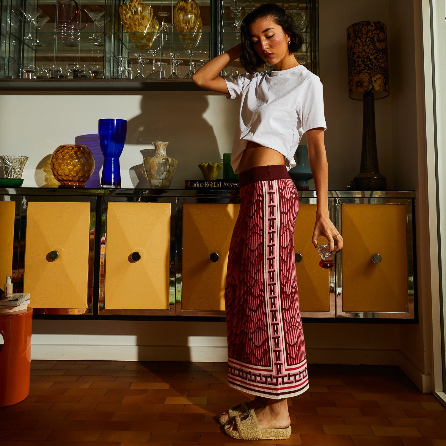 Full length front view of Sage Clare Hanna Knit Maxi Skirt showing geometric pattern and contrast waistband