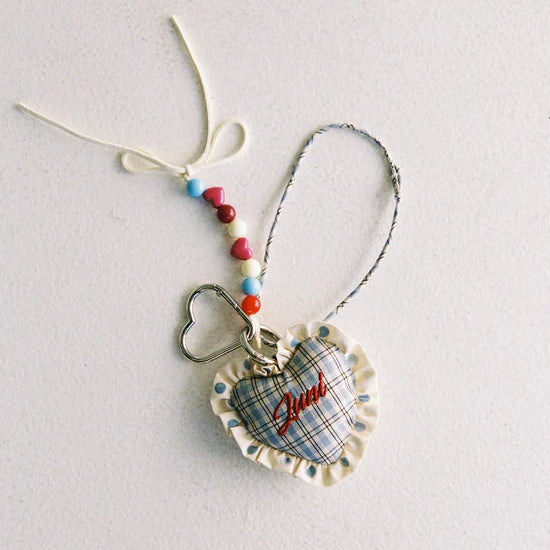 blue check bag charm by Juni