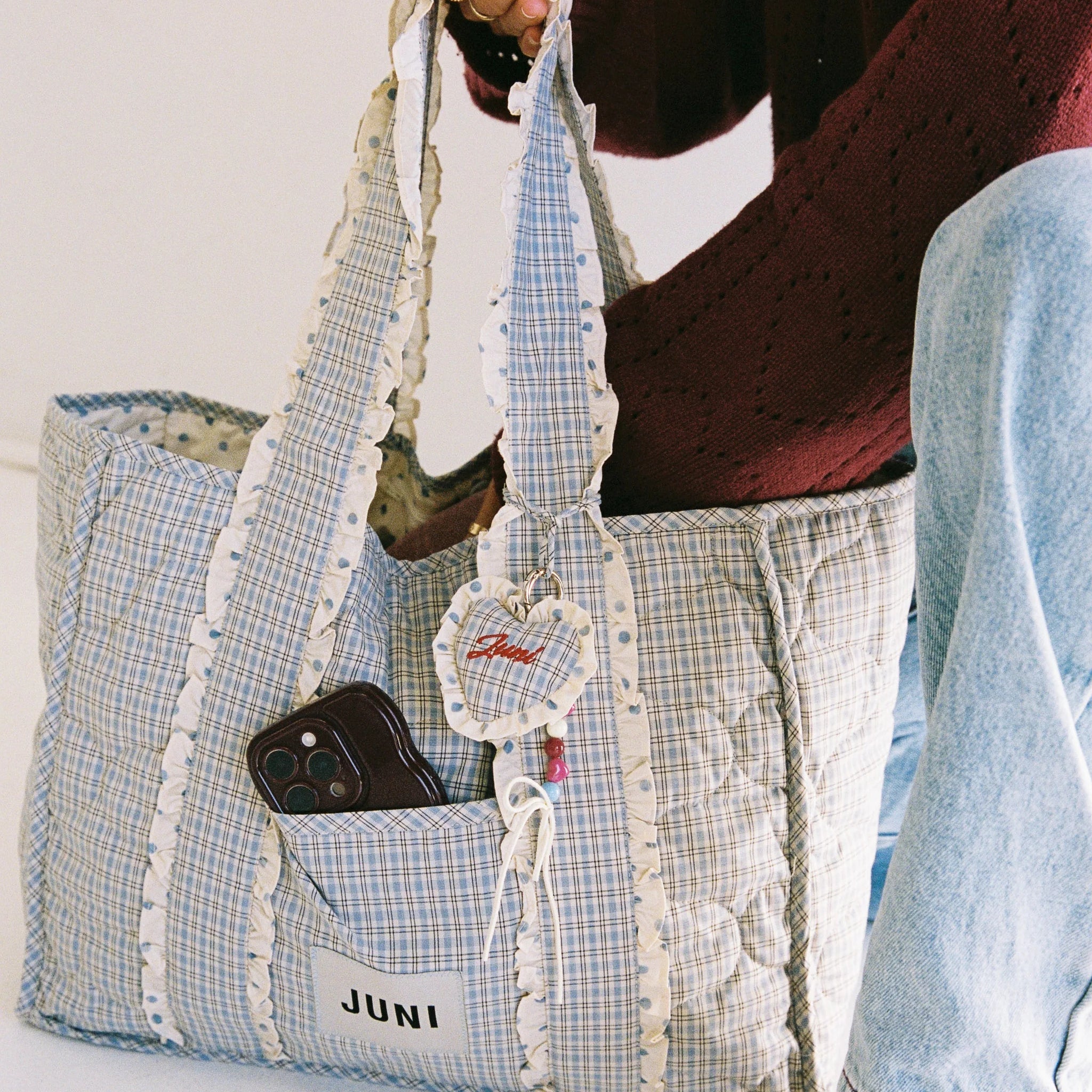 Heart Bag Charm blue check by JUNI on the Everything bag by Juni