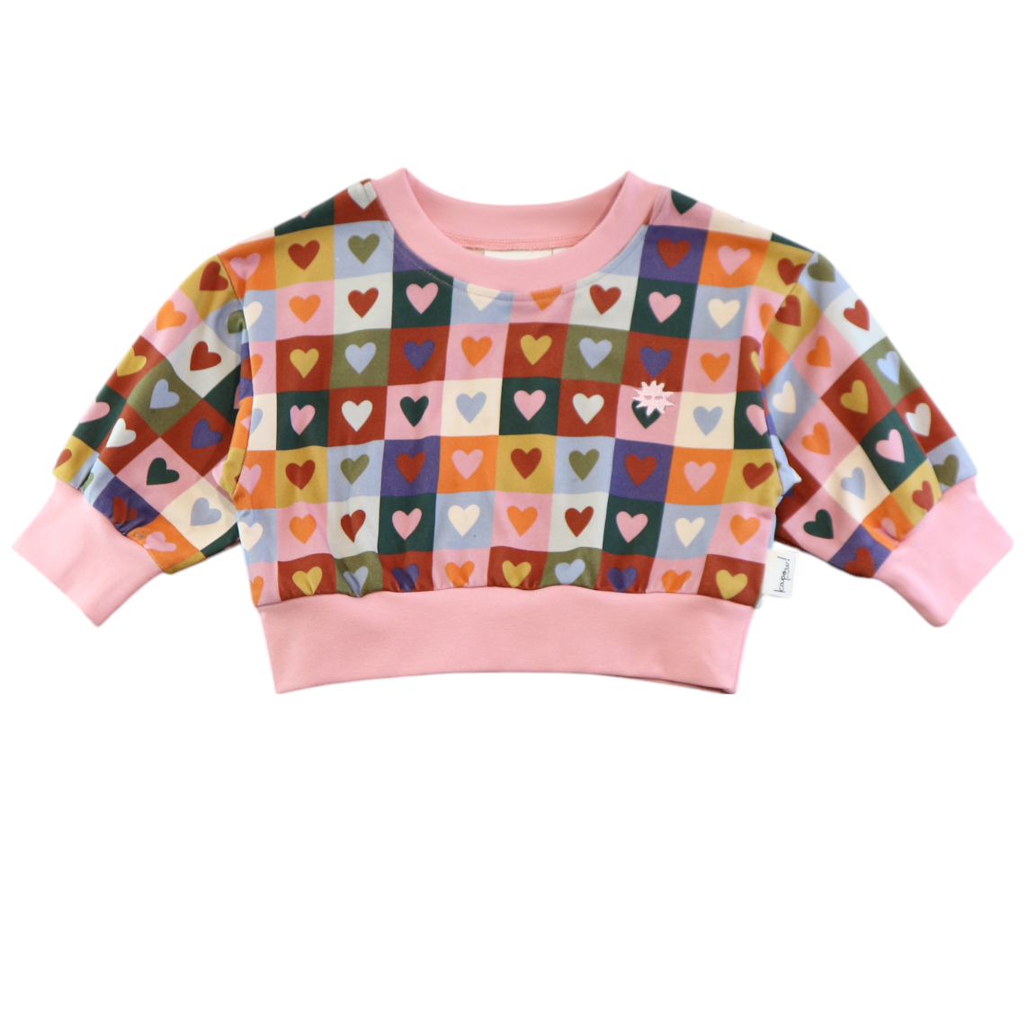 Front view of the Heart Checkerboard Oversized Jumper | Kapow Kids
