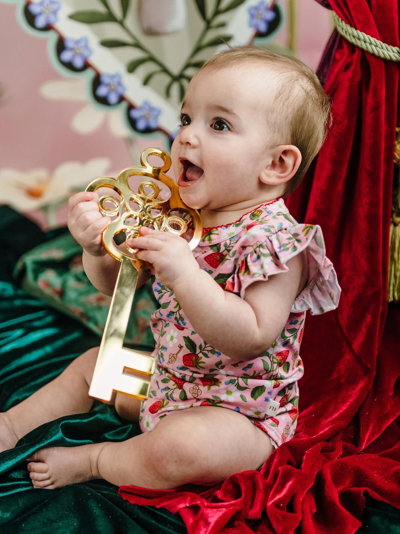 Baby wearing pink onesie with strawberries - 'Hearts Floral' Bijou Bodysuit - Pink by Fleur Harris