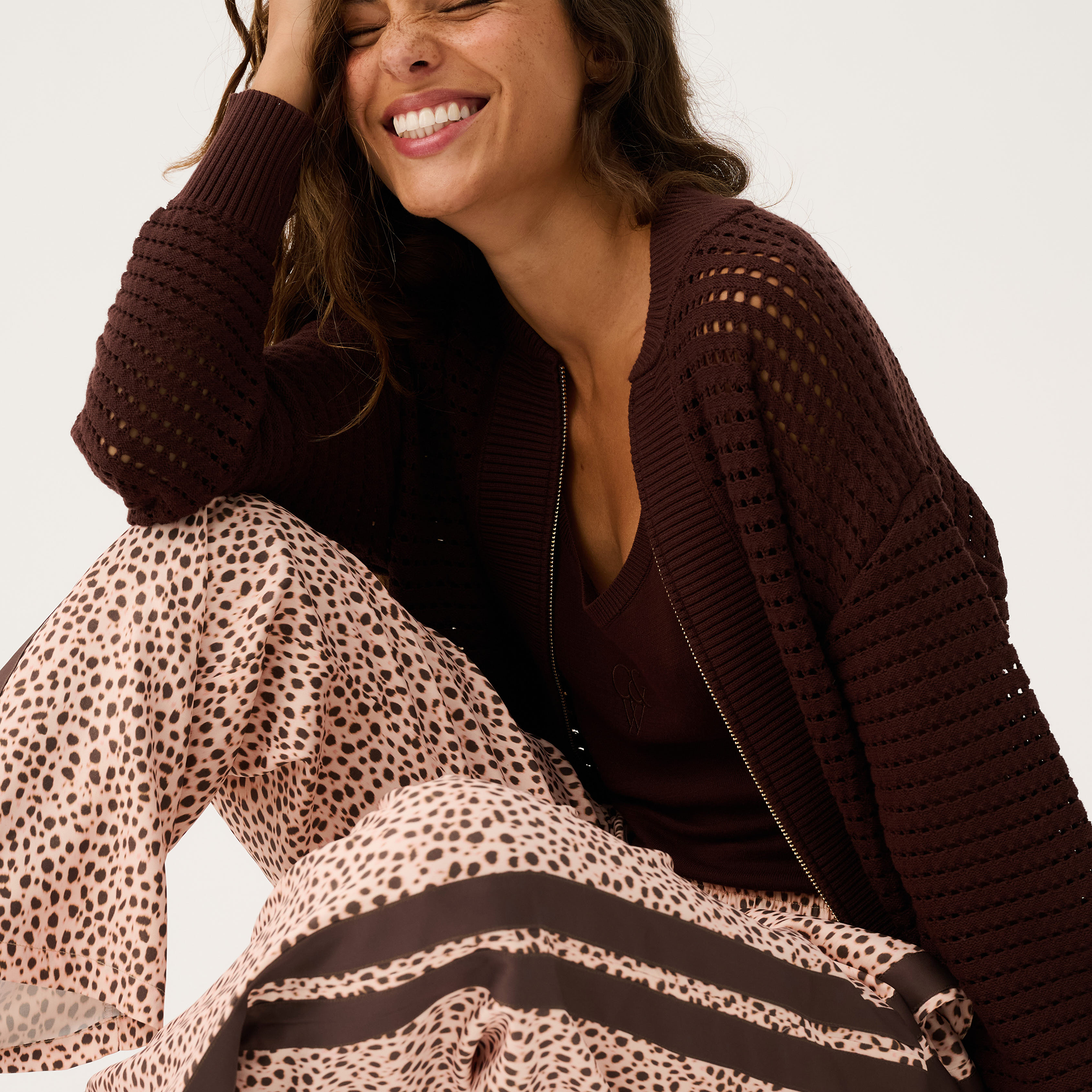 Heidi Pant in ocelot print with brown side stripes and drawstring waist detail