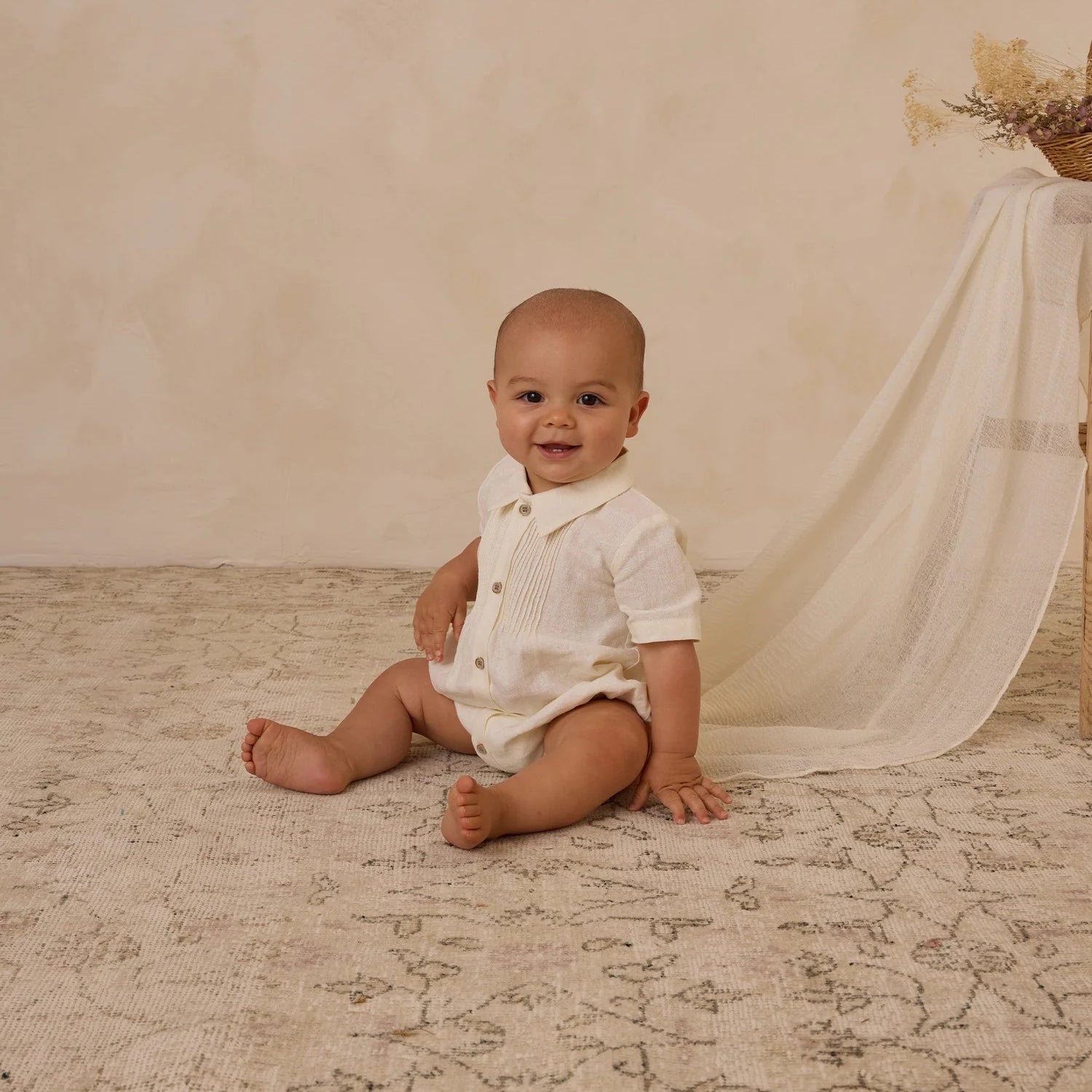 Henry Romper in Ivory by noralee - with piped chest detail and made from cotton poplin