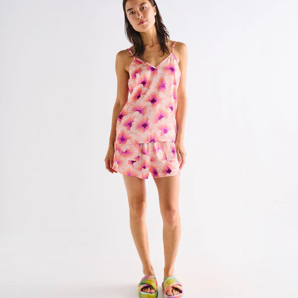 Womens short & singlet pyjama set by Kip & Co with pink and orange floral pattern made from eco satin