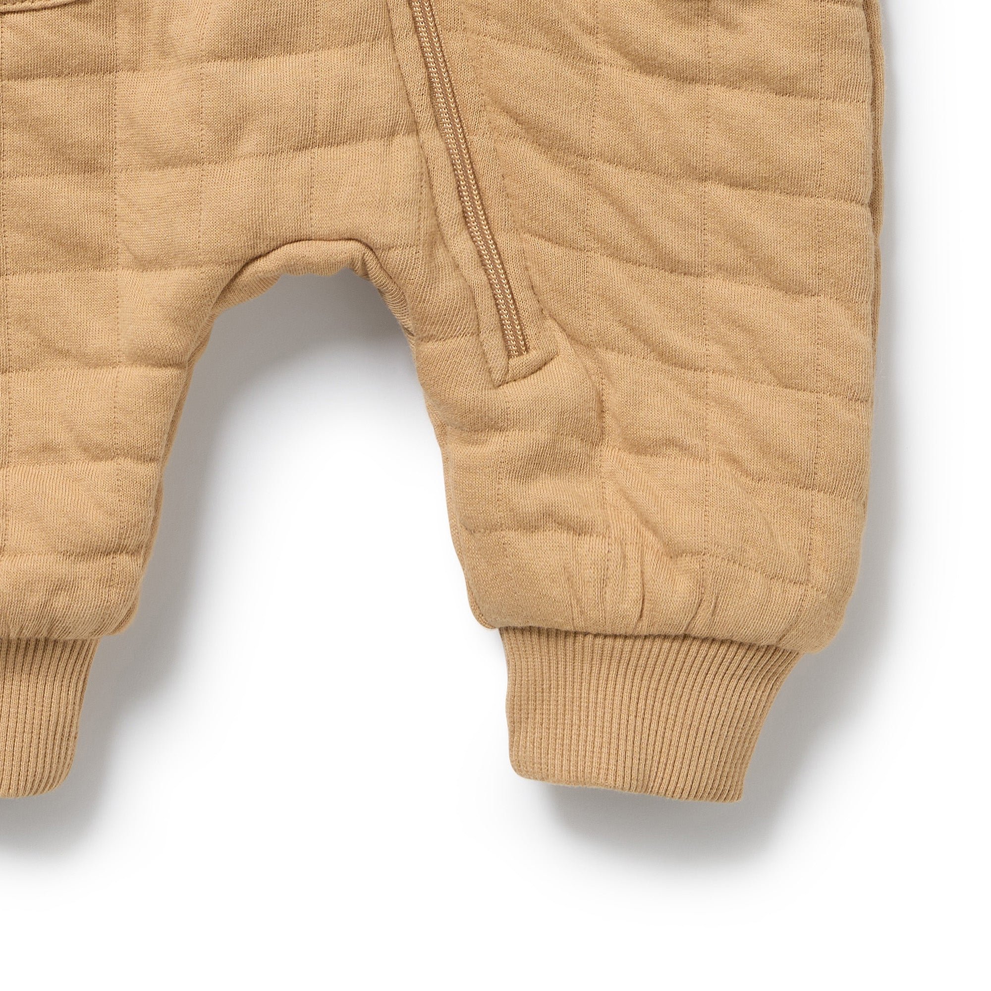 Close up front view Honey Fawn Organic Quilted Growsuit | Wilson + Frenchy