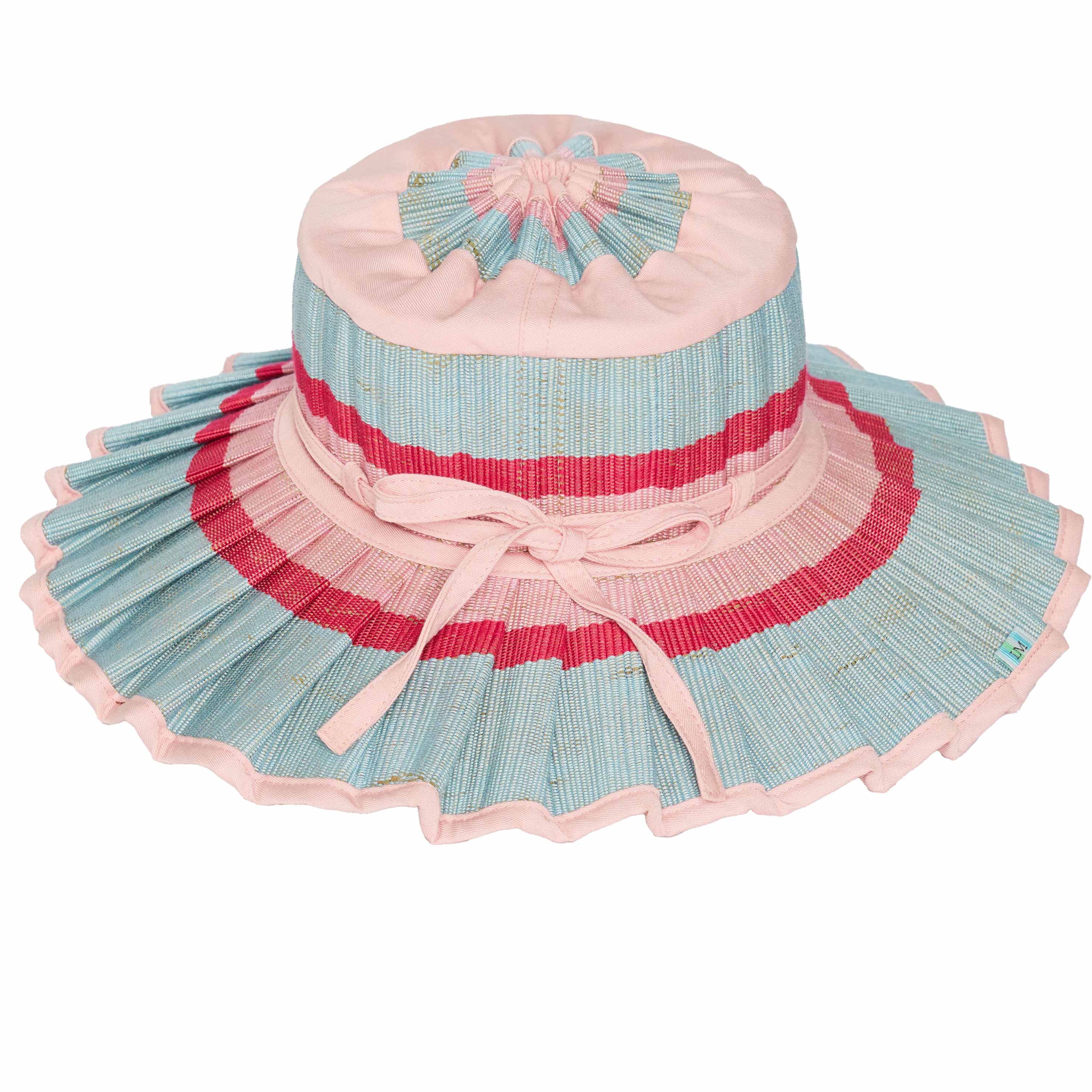 Front view of Luxe Capri Hat Child showing ice cream colored pleated brim and ribbon bow detail