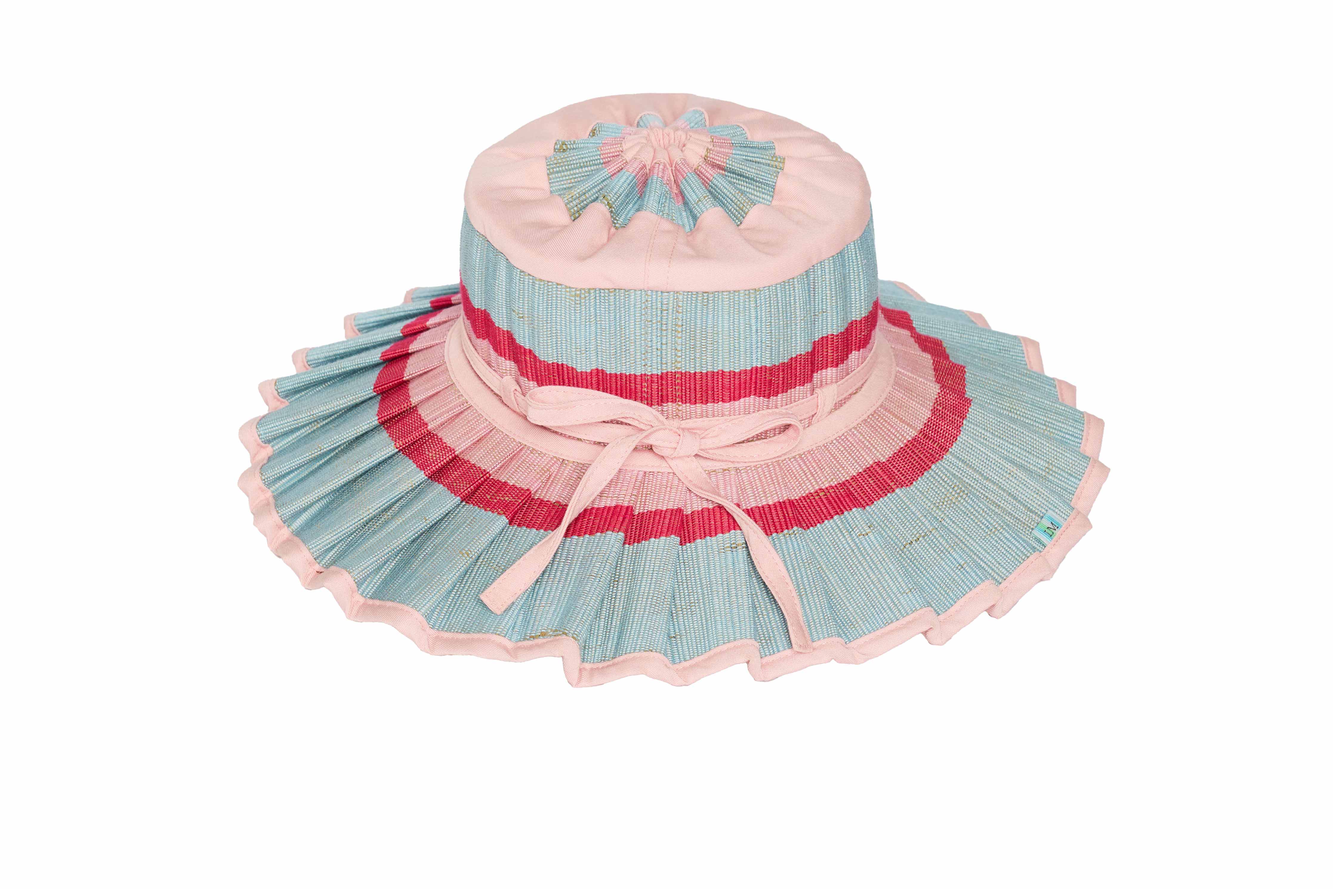 Front view of Luxe Capri Hat Child showing ice cream colored pleated brim and ribbon bow detail