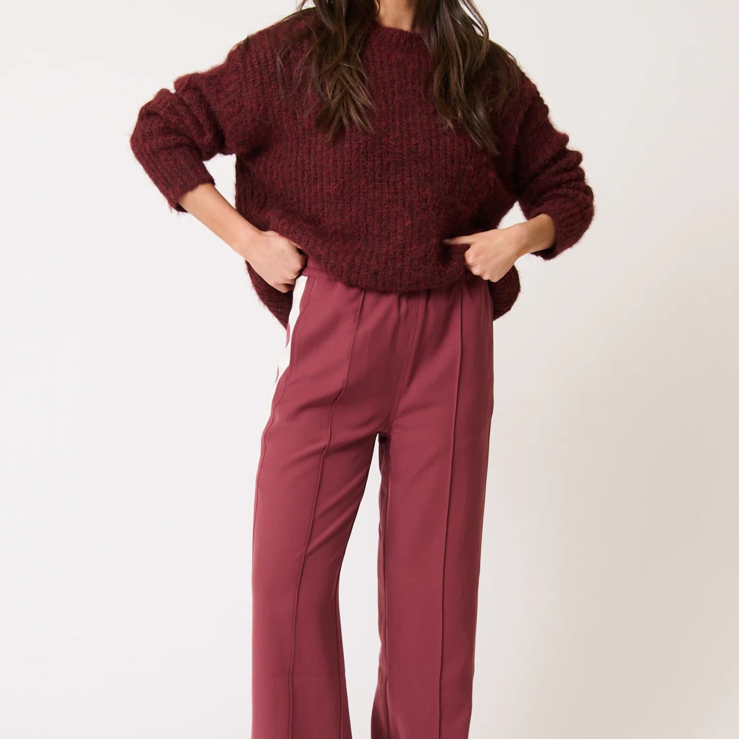 Indica Pants Plum by Cartel & Willow - burgundy womens pants with white stripe down the side