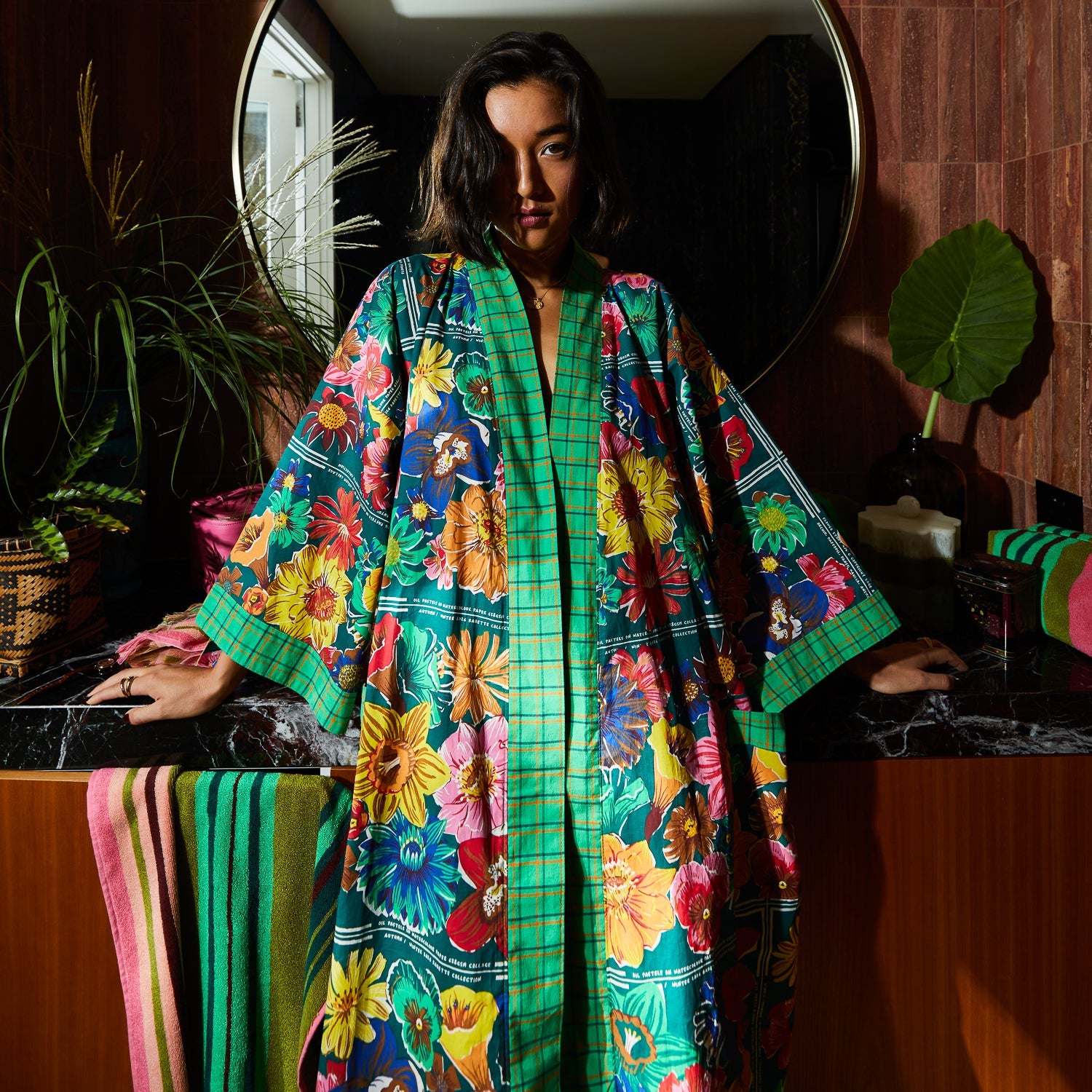 Front view of Ines Cotton Robe showing relaxed fit and maximalist floral design with plaid detailing