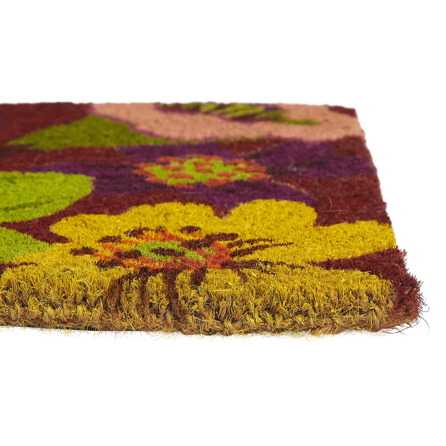 Close-up corner view of Ines Door Runner showing colorful floral design and textured pile construction