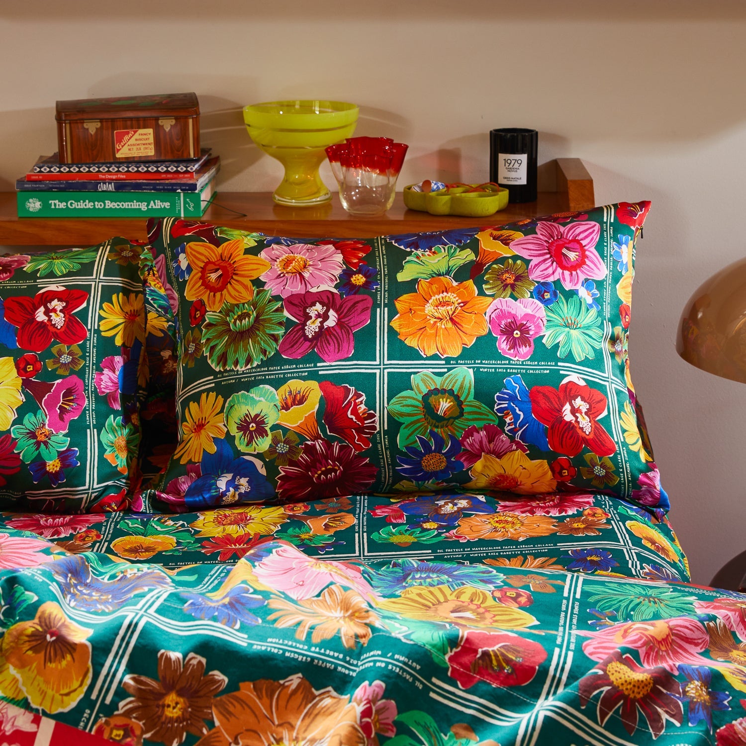 Ines Silk Pillowcase in Verdant by Sage & Clare with vibrant floral pattern on emerald green background