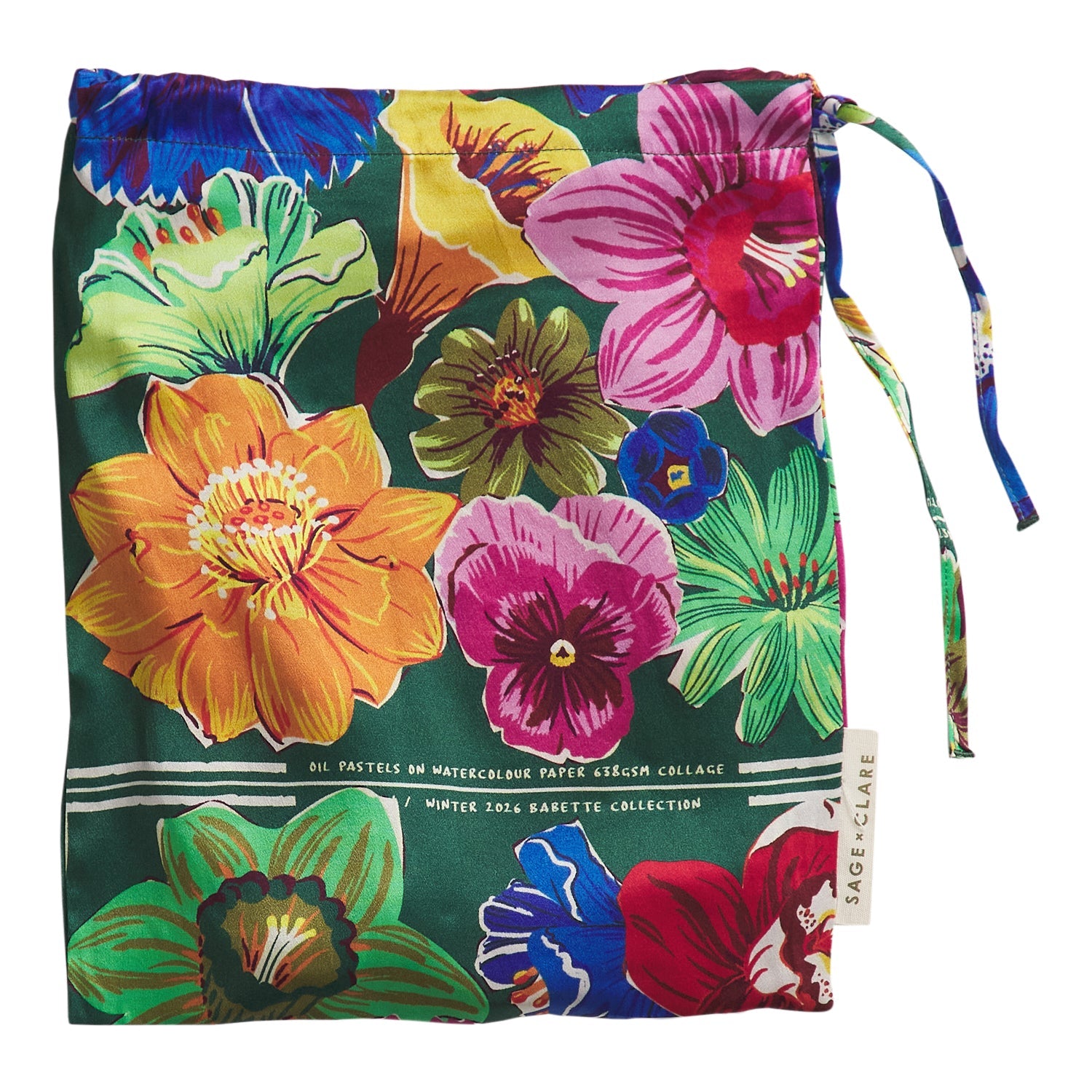 Ines Silk Pillowcase Verdant storage bag with drawstring closure and Sage & Clare branding label