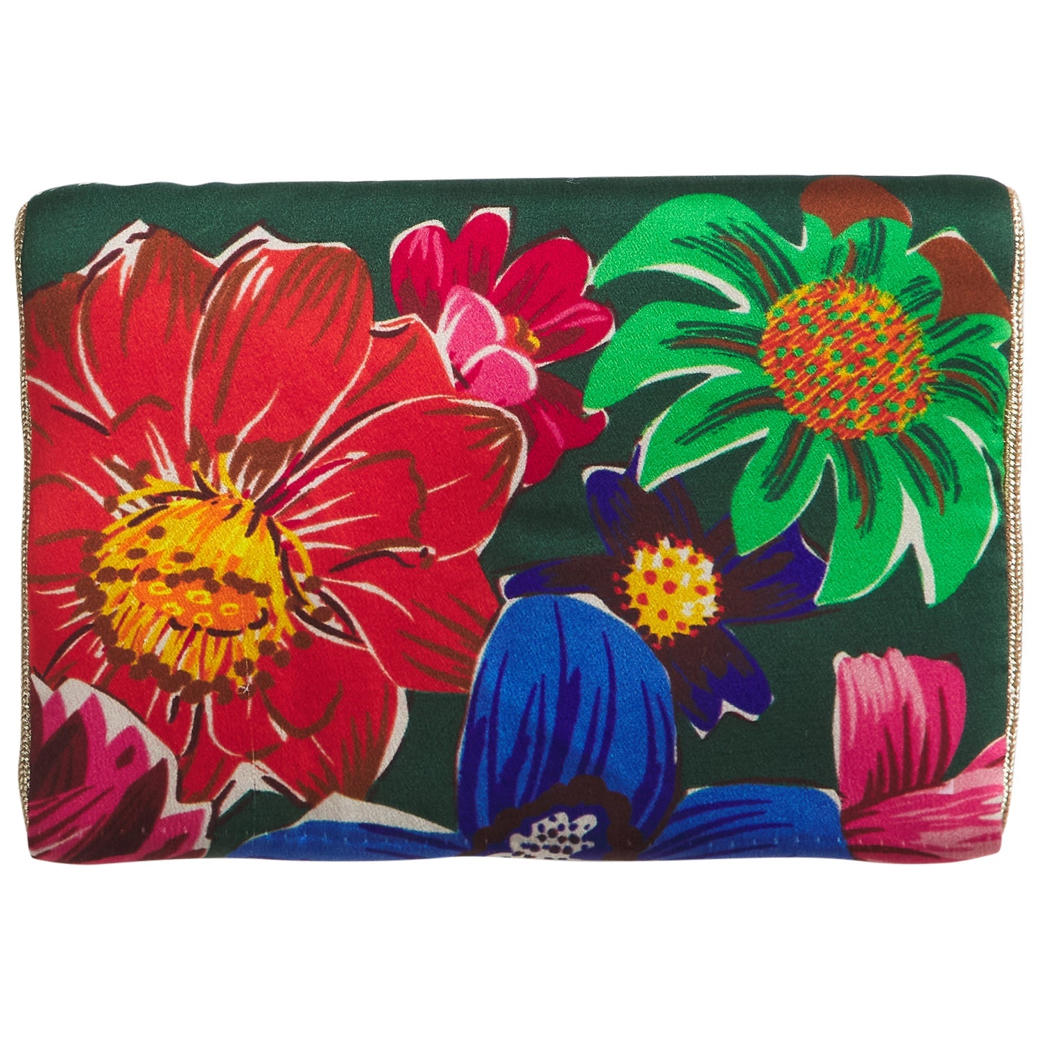 Back view of silk pouch displaying tropical floral print with red blue green flowers on dark background