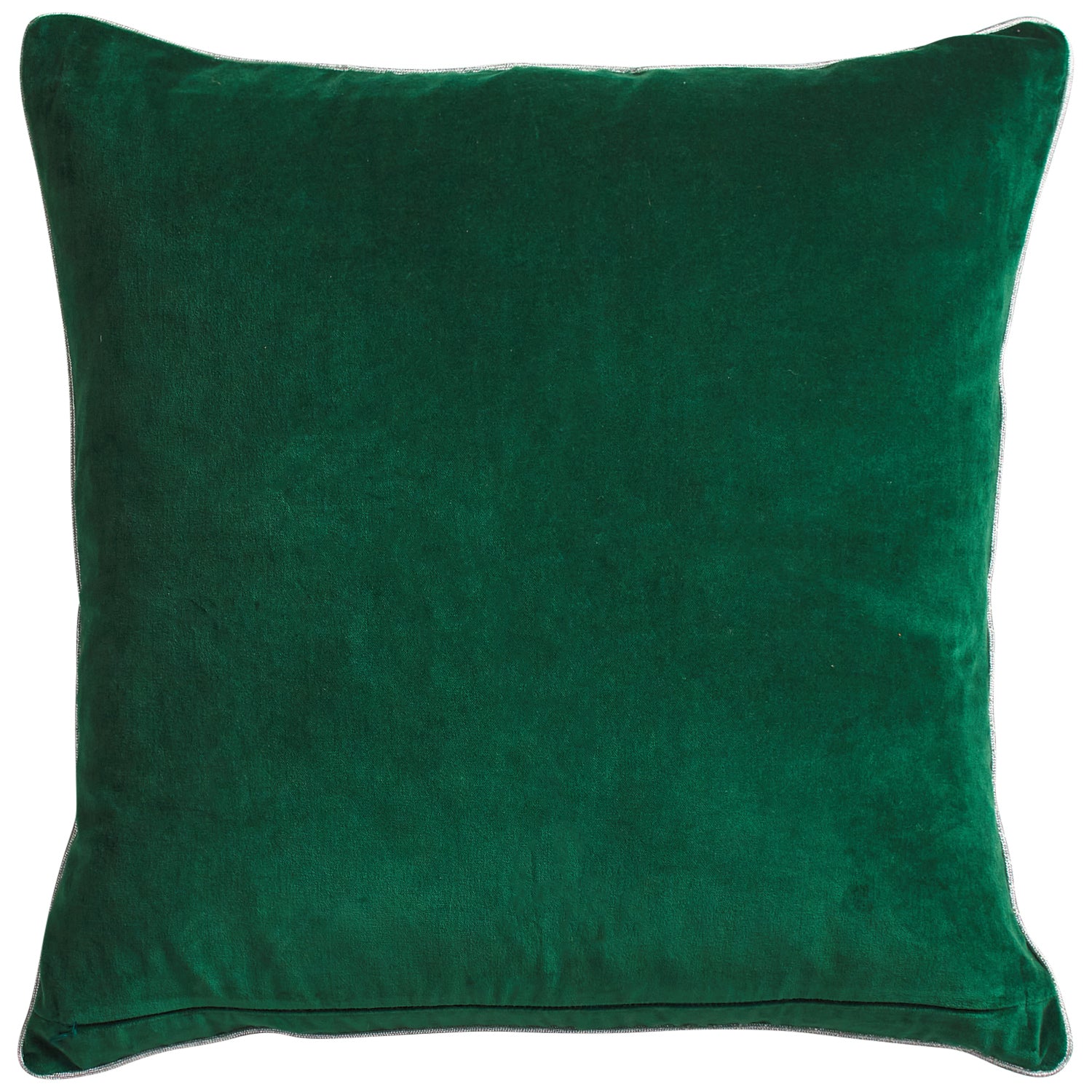 Back view of Ines Velvet Cushion in solid Verdant green showing smooth velvet texture and piped edges