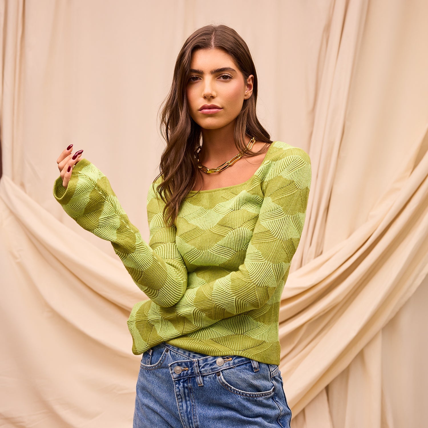 Square neckline detail on Sage & Clare Ingrid knit top showing refined modern shape