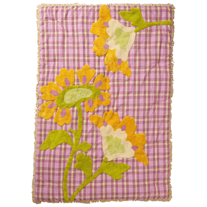 Isla Tufted Bedcover by Sage & Clare - yellow and green tufted embroidery on purple lilac check background