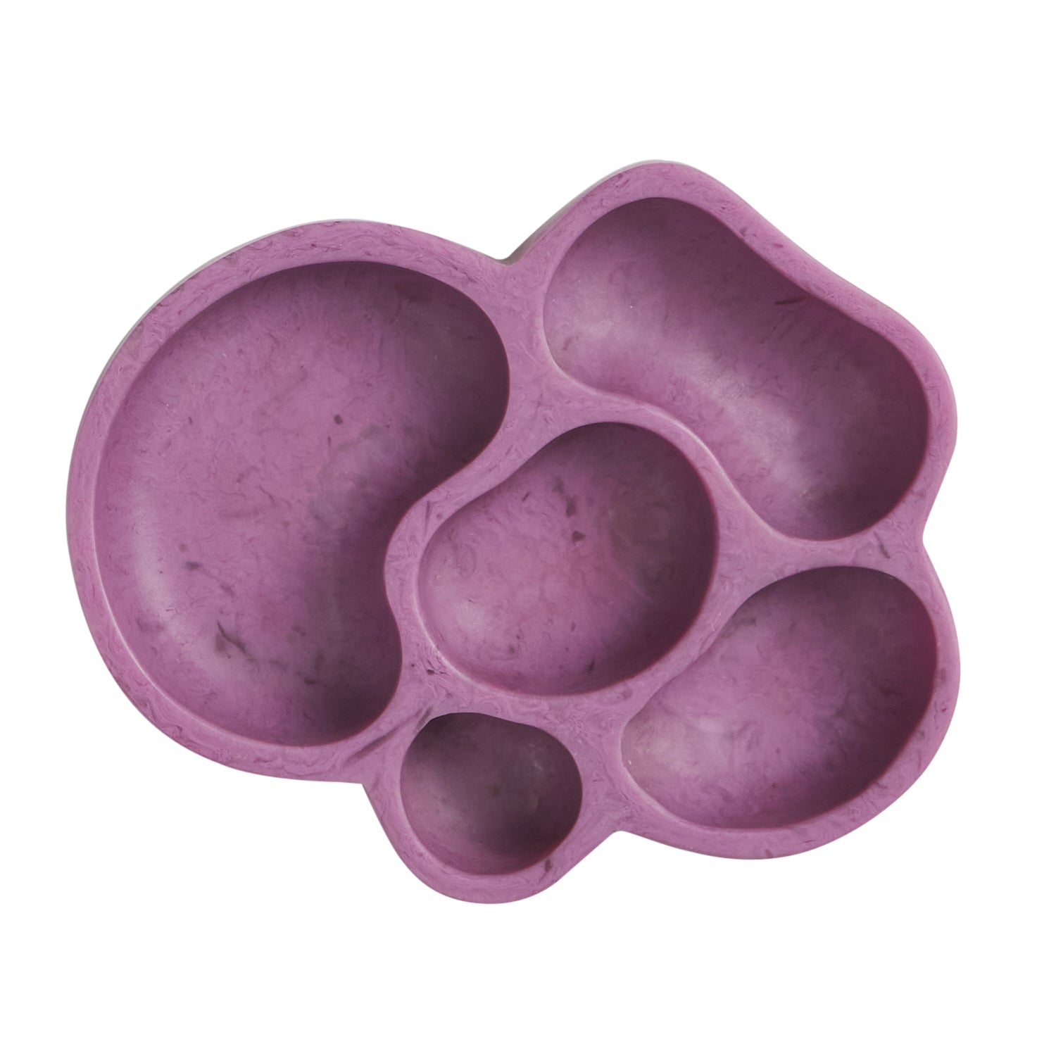 Orchid purple marbled cloud dish with five curved compartments seen from above, top-down view