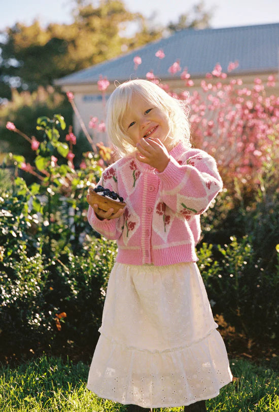 girl wearing pink floral JNR Rosie Knit Cardigan JUNI