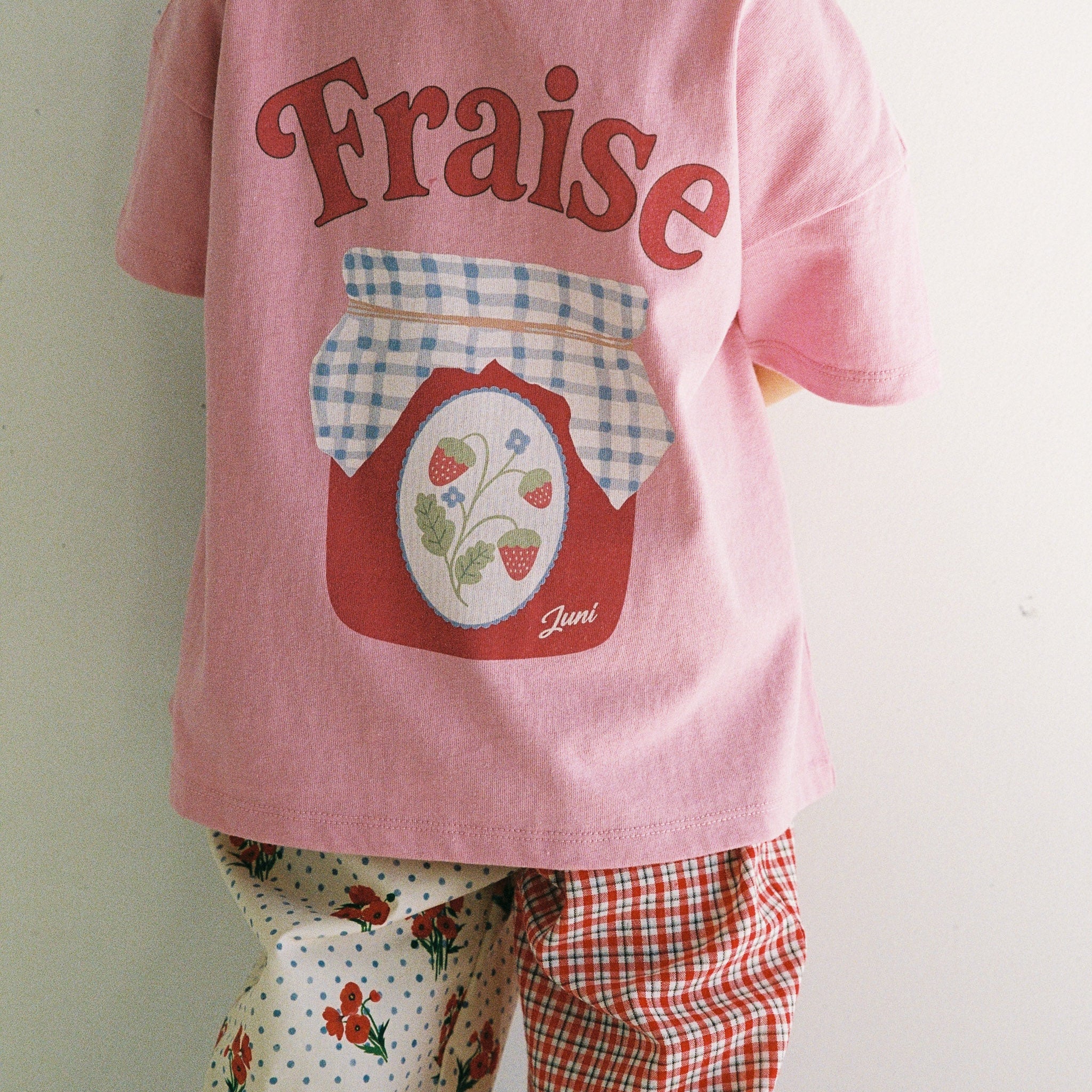 JNR fraise tee by Juni in pink GOT organic cotton