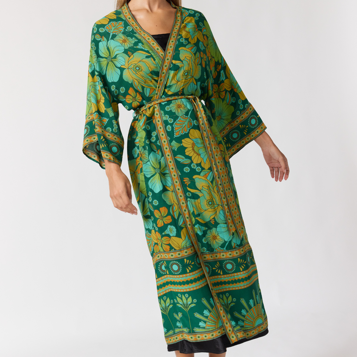 front view of jade robe showing fluid drape and statement print placement