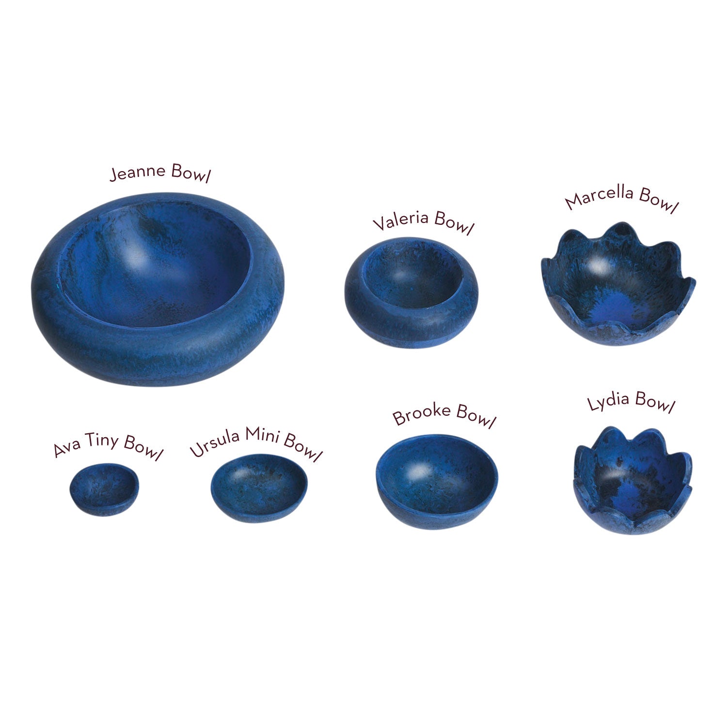 Size comparison chart of blue resin bowl range including Jeanne Bowl alongside Valeria Brooke Marcella Lydia and Ava styles