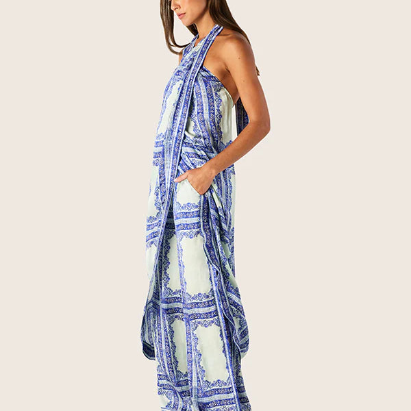 side view of model wearing Jordi Halter Wrap Top by MOS The Label