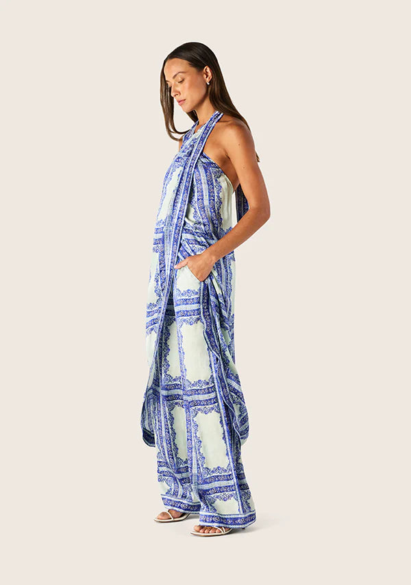 side view of model wearing Jordi Halter Wrap Top by MOS The Label